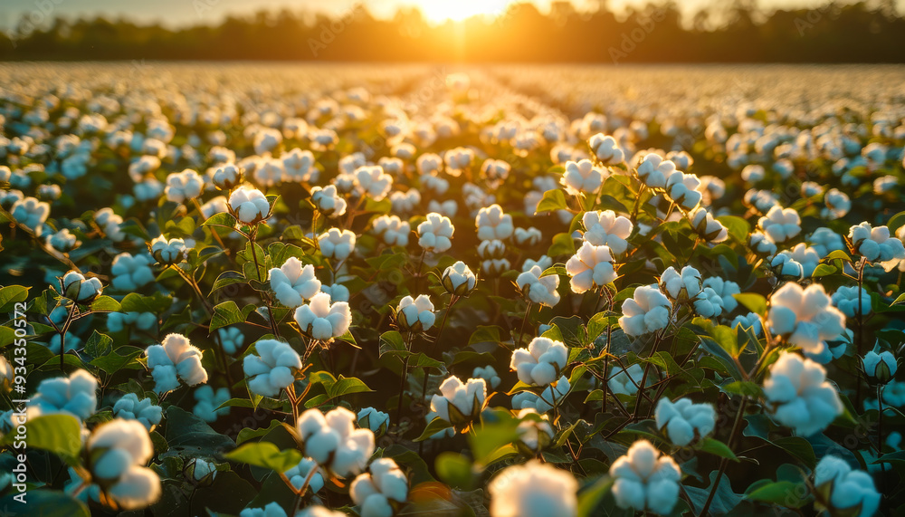 A field of cotton flowers with the sun shining on them. The sun is setting in the background A field of cotton flowers with the sun shining on them. The sun is setting in the background