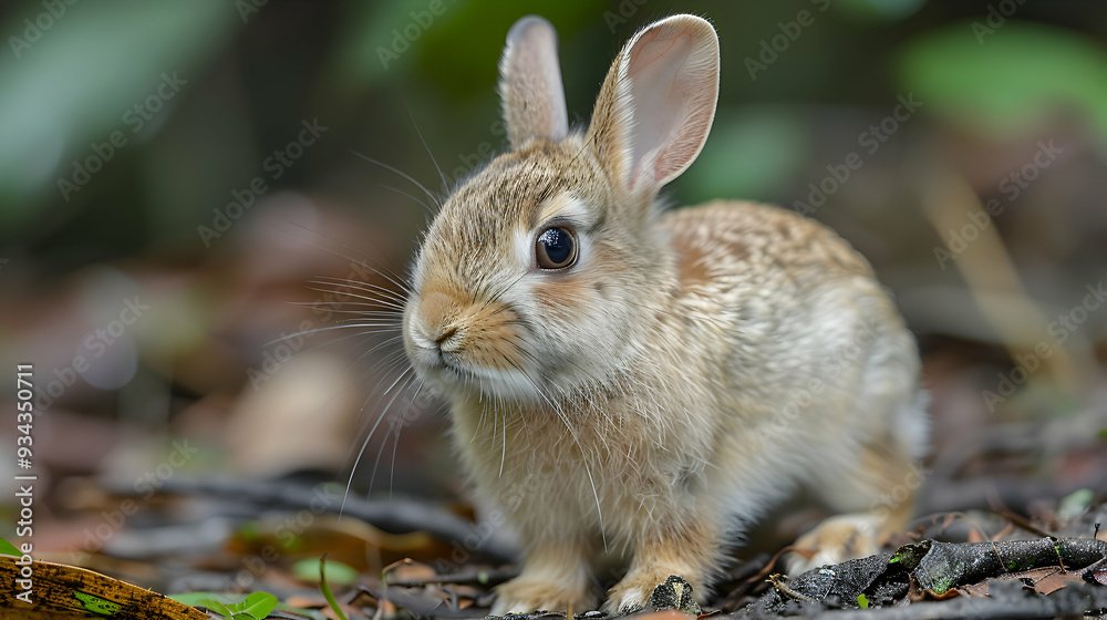 Fototapeta premium Amazon Brazilian Rabbit foraging on the forest floor, its small body and quick movements captured
