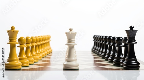 Black chess king leading white pawns on plain background, depicting strategy and competition photo