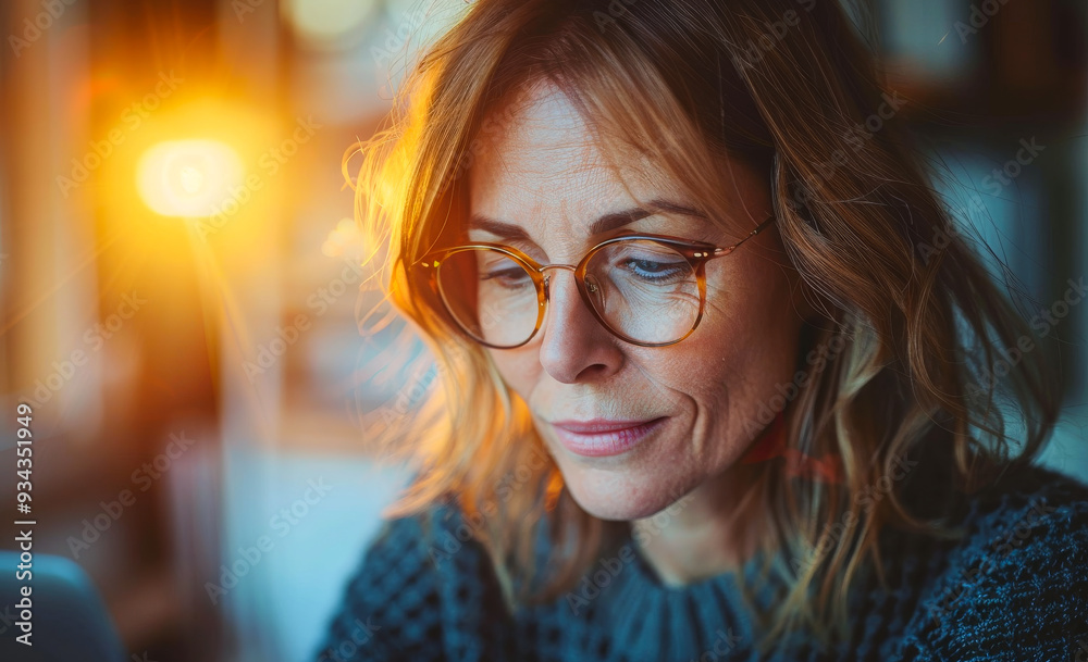 A woman wearing glasses is looking at a computer screen. Concept of focus and concentration as the woman stares intently at the screen. The glasses add a touch of sophistication to her appearance A woman wearing glasses is looking at a computer screen. Concept of focus and concentration as the woman stares intently at the screen. The glasses add a touch of sophistication to her appearance