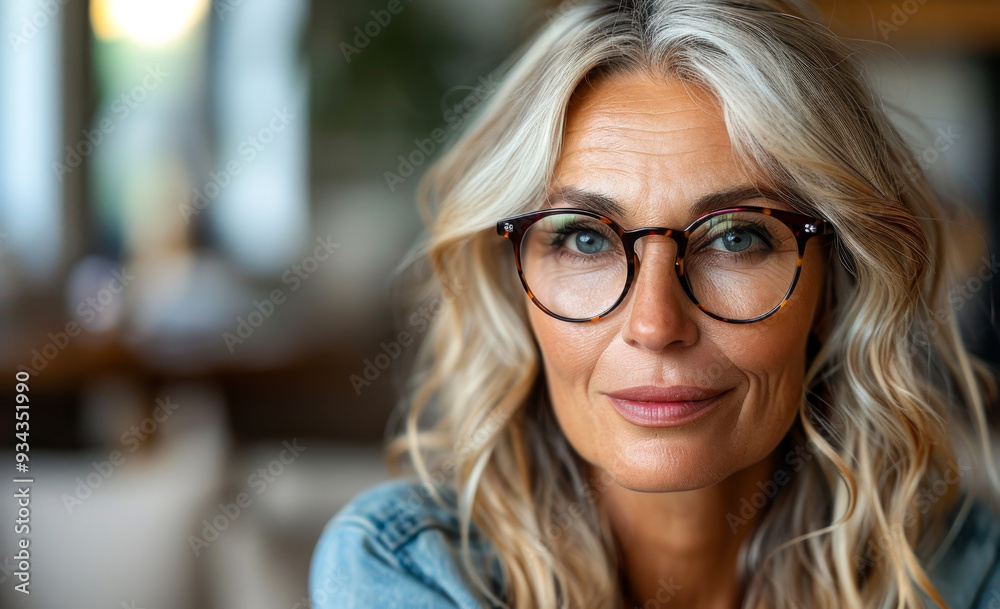 A woman with glasses and long hair is smiling. She is wearing a blue shirt. Concept of warmth and happiness A woman with glasses and long hair is smiling. She is wearing a blue shirt. Concept of warmth and happiness
