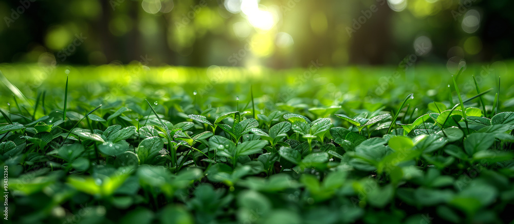 A lush green field with a bright sun shining on it. The grass is wet and the sun is shining through the leaves A lush green field with a bright sun shining on it. The grass is wet and the sun is shining through the leaves