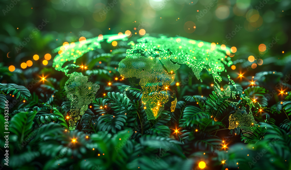 A green leafy forest with a glowing globe on top of it. The globe is lit up with a yellowish light, giving the image a warm and inviting atmosphere. The forest is lush and vibrant