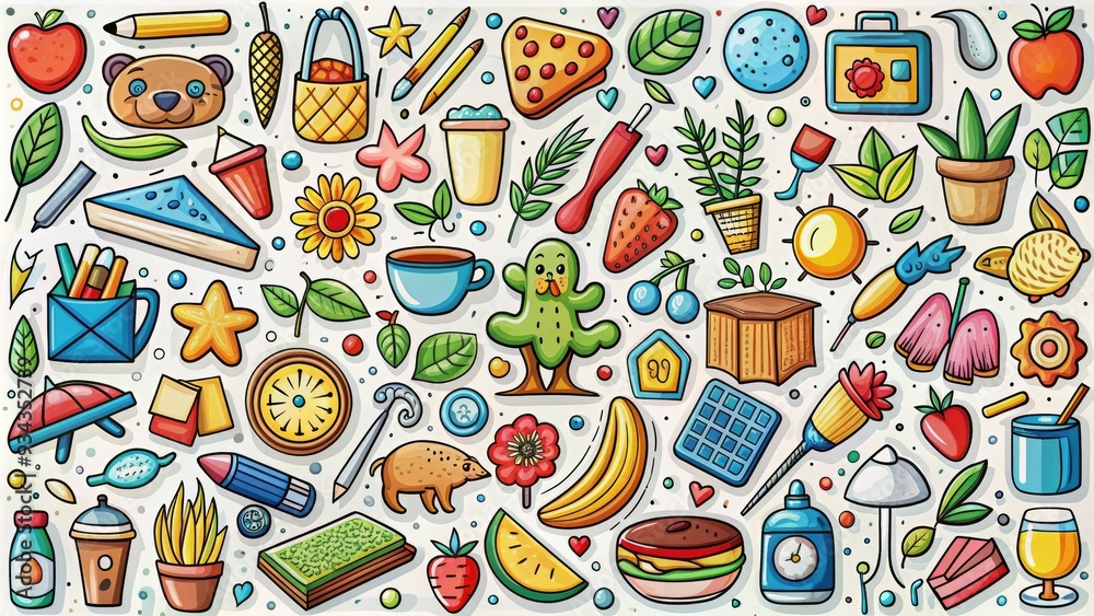 Vibrant hand-drawn icons of various objects, including animals, food, and office supplies, arranged in a colorful collage on a white background. Vibrant hand-drawn icons of various objects, including animals, food, and office supplies, arranged in a colorful collage on a white background.