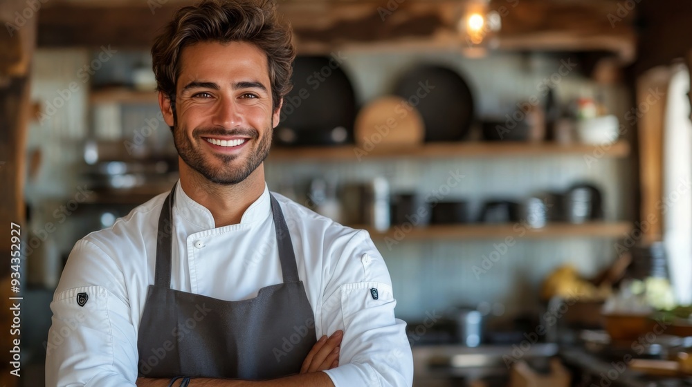 Fototapeta premium Chef smiling in a rustic kitchen, showcasing culinary expertise and passion