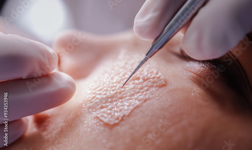 Close-up of a medical professional using  tweezers to apply and adjust a small patch of artificial skin on a patient’s wound. photo