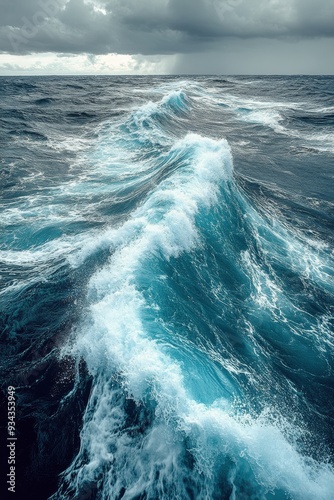 Powerful ocean wave crashing near tropical shoreline with mountains in the ba...