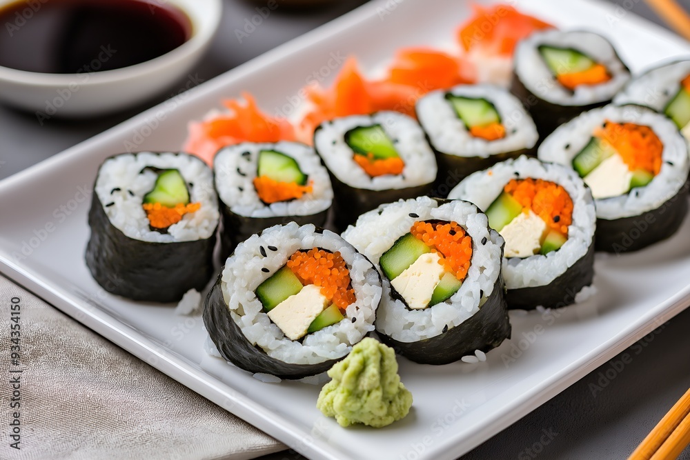 A Beautifully Arranged Platter Of Vegan Sushi Rolls, Filled With Avocado, Cucumber, And Tofu, Served With Soy Sauce And Pickled Ginger, Food Photography, Food Menu Style Photo Image A Beautifully Arranged Platter Of Vegan Sushi Rolls, Filled With Avocado, Cucumber, And Tofu, Served With Soy Sauce And Pickled Ginger, Food Photography, Food Menu Style Photo Image