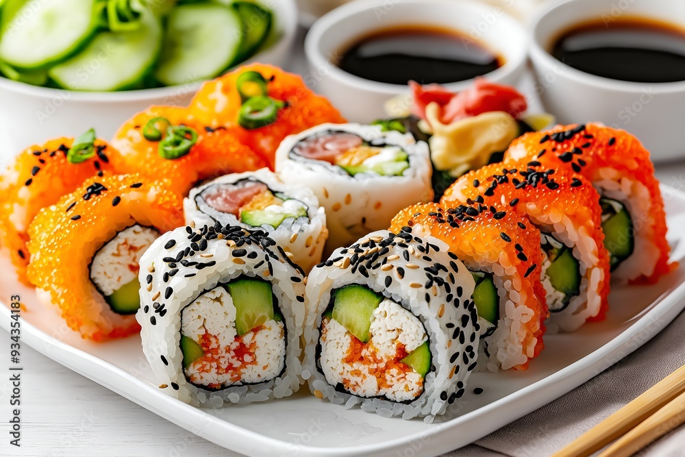 A Beautifully Arranged Platter Of Vegan Sushi Rolls, Filled With Avocado, Cucumber, And Tofu, Served With Soy Sauce And Pickled Ginger, Food Photography, Food Menu Style Photo Image