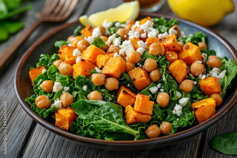 A Beautifully Plated Kale And Spinach Salad With Roasted Chickpeas, Sweet Potato Cubes, And A Sprinkle Of Feta Cheese, Served With A Lemon Wedge, Food Photography, Food Menu Style Photo Image A Beautifully Plated Kale And Spinach Salad With Roasted Chickpeas, Sweet Potato Cubes, And A Sprinkle Of Feta Cheese, Served With A Lemon Wedge, Food Photography, Food Menu Style Photo Image
