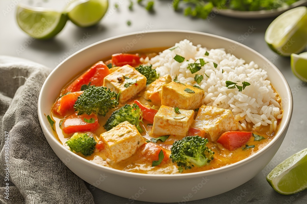 A Bowl Of Creamy Coconut Milk Curry With Tofu, Bell Peppers, And Broccoli, Served With A Side Of Jasmine Rice And Lime Wedges, Food Photography, Food Menu Style Photo Image A Bowl Of Creamy Coconut Milk Curry With Tofu, Bell Peppers, And Broccoli, Served With A Side Of Jasmine Rice And Lime Wedges, Food Photography, Food Menu Style Photo Image