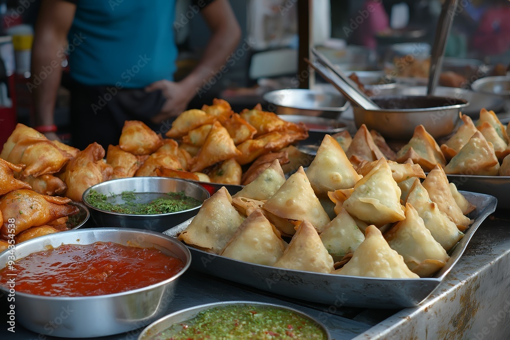 A Busy Street Market Stall With Freshly Prepared Samosas Being Fried In Hot Oil, With A Variety Of Chutneys And Sauces Displayed, Food Photography, Food Menu Style Photo Image A Busy Street Market Stall With Freshly Prepared Samosas Being Fried In Hot Oil, With A Variety Of Chutneys And Sauces Displayed, Food Photography, Food Menu Style Photo Image