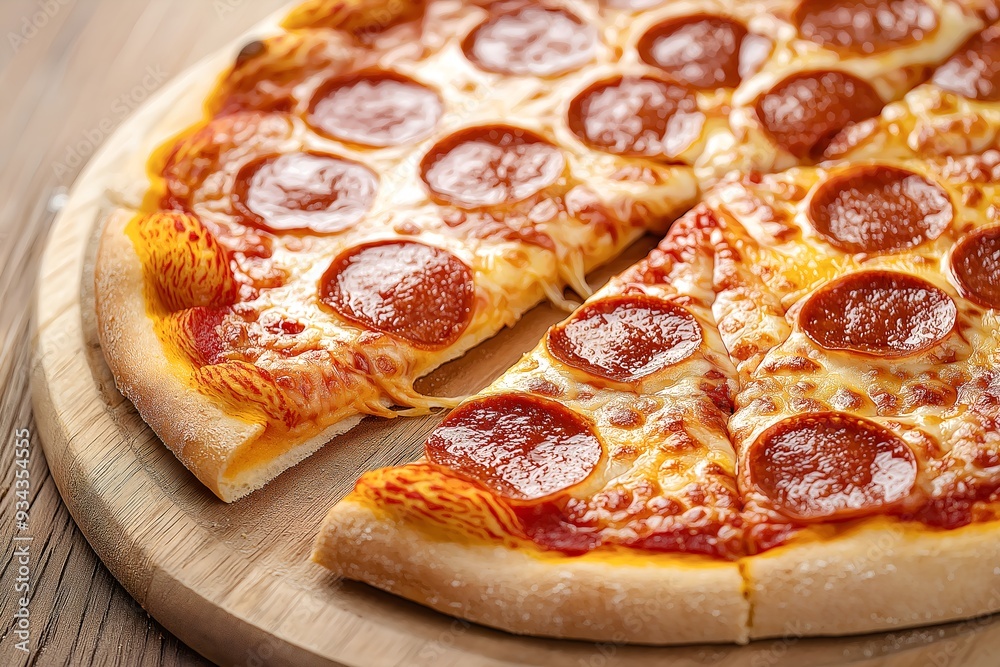 A Cheesy Pepperoni Pizza Just Out Of The Oven, With Bubbling Cheese And A Crispy Crust, Sliced And Ready To Be Served On A Wooden Pizza Board, Food Photography, Food Menu Style Photo Image A Cheesy Pepperoni Pizza Just Out Of The Oven, With Bubbling Cheese And A Crispy Crust, Sliced And Ready To Be Served On A Wooden Pizza Board, Food Photography, Food Menu Style Photo Image