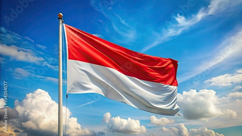 Vibrant Indonesian national flag waving proudly in the foreground, set against a brilliant blue sky on Independence Day, symbolizing freedom and national pride.