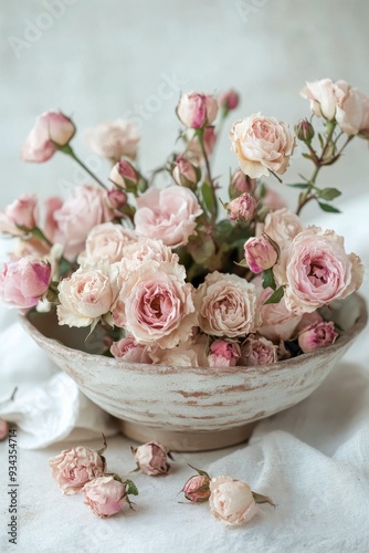 Delicate pink roses arranged in a rustic ceramic bowl on a soft white backdrop