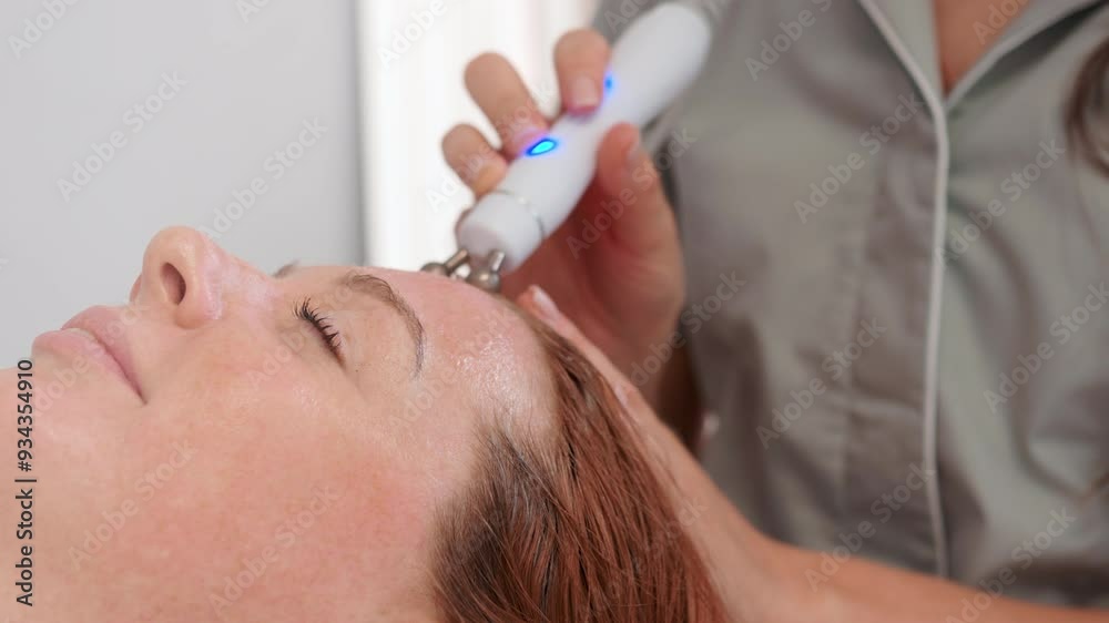 Cosmetologist using iontophoresis on client's face. Female hands moving ball head of machine along woman's face. Caucasian lady is getting physiotherapeutic treatment for her facial skin. Cosmetologist using iontophoresis on client's face. Female hands moving ball head of machine along woman's face. Caucasian lady is getting physiotherapeutic treatment for her facial skin.