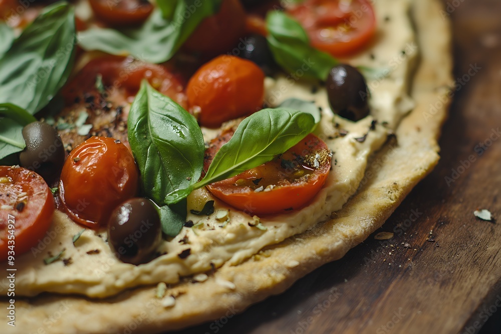 A Close-up Of A Vegan Pizza Topped With Cashew Cheese, Fresh Basil, Cherry Tomatoes, And Olives, On A Thin Whole-grain Crust, Food Photography, Food Menu Style Photo Image A Close-up Of A Vegan Pizza Topped With Cashew Cheese, Fresh Basil, Cherry Tomatoes, And Olives, On A Thin Whole-grain Crust, Food Photography, Food Menu Style Photo Image
