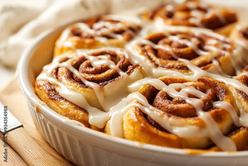 A Close-up Of Freshly Baked Cinnamon Rolls, With Gooey Icing Drizzled On Top, Served In A Baking Dish With A Spatula Ready To Serve, Dessert Photography, Dessert Menu Style Photo Image A Close-up Of Freshly Baked Cinnamon Rolls, With Gooey Icing Drizzled On Top, Served In A Baking Dish With A Spatula Ready To Serve, Dessert Photography, Dessert Menu Style Photo Image