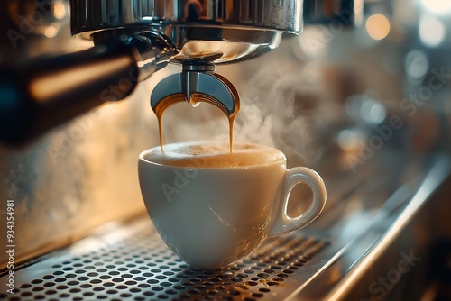 A Close-up Of An Espresso Shot Being Poured From A Professional Coffee Machine, With A Rich, Creamy Crema Forming On Top, Drinks Photography, Drinks Menu Style Photo Image