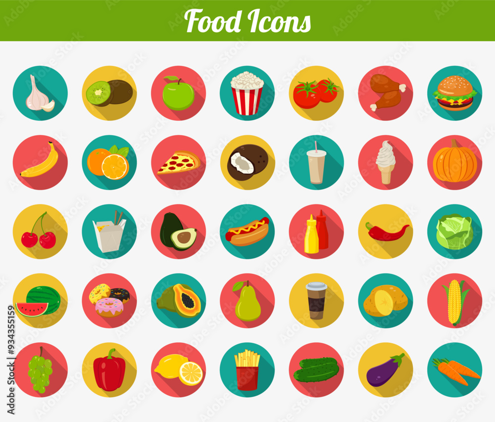 Food icons set. Fruits and Vegetables icons. Fast food icons. Modern flat design. Vector illustration Food icons set. Fruits and Vegetables icons. Fast food icons. Modern flat design. Vector illustration