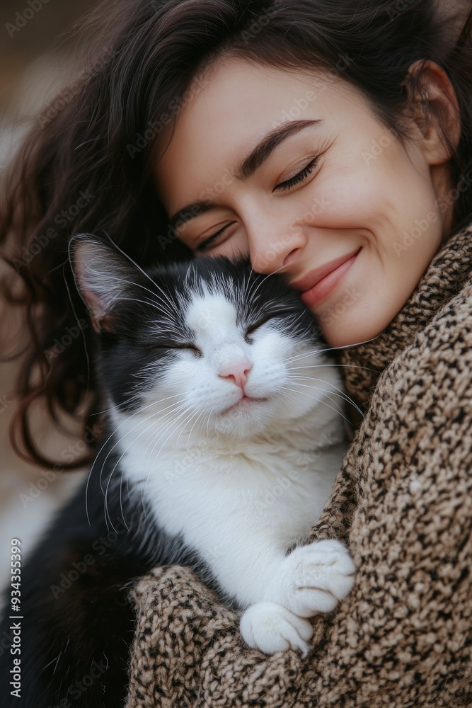 Woman embraces her black and white cat in the snowy landscape during winter Woman embraces her black and white cat in the snowy landscape during winter