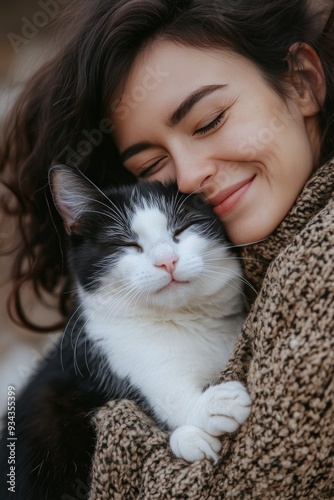 Woman embraces her black and white cat in the snowy landscape during winter
