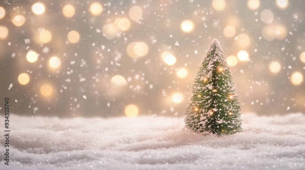 Obraz premium A small christmas tree is in the snow with lights, AI