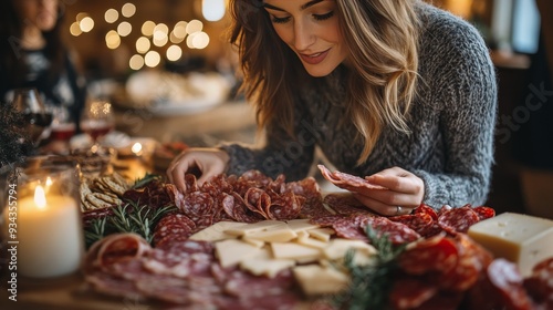 Woman preparing a charcuterie board at a festive gathering during the evening