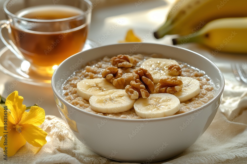 A Warm Bowl Of Oatmeal With Sliced Bananas, Walnuts, And A Drizzle Of Almond Butter, Served With A Cup Of Herbal Tea, Food Photography, Food Menu Style Photo Image A Warm Bowl Of Oatmeal With Sliced Bananas, Walnuts, And A Drizzle Of Almond Butter, Served With A Cup Of Herbal Tea, Food Photography, Food Menu Style Photo Image