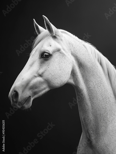 b&w portrait of a white horse on a dark background. generative ai