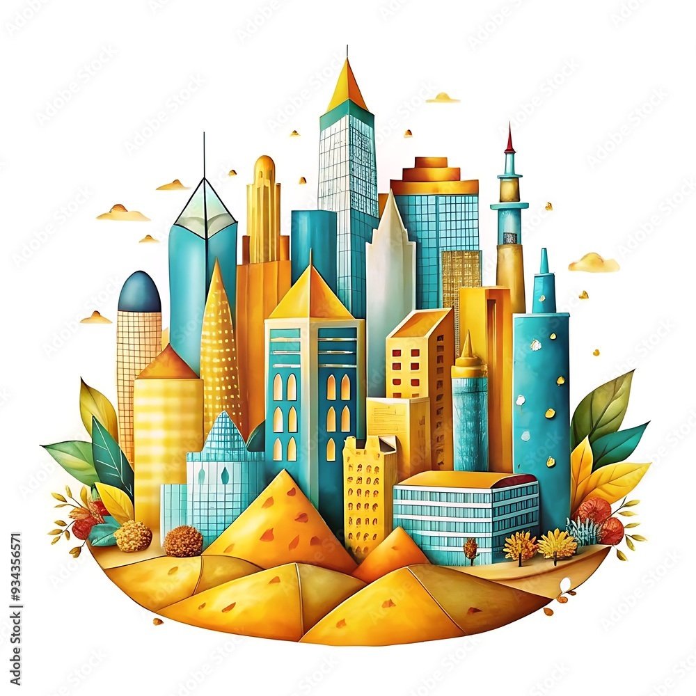 Obraz premium Vibrant Urban Skyline with Colorful Buildings and Modern Architecture