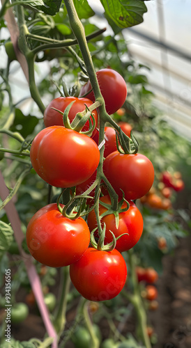 Ripe tomatoes ready to harvest in the organic greenhouse. Tomatoes growing on bushes. The concept of growing vegetables.