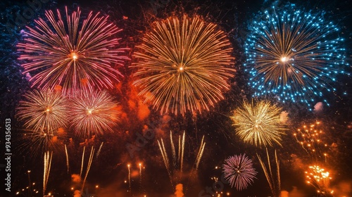 Colorful fireworks display over a dark sky during a summer night celebration