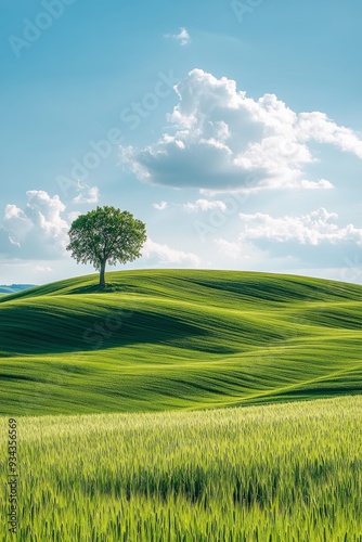 Green hills with a solitary tree under a blue sky and fluffy clouds during da...
