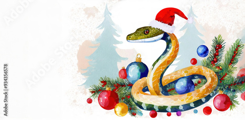 Snake in red Santa Claus Christmas hat with christmas tree and decorations. Chinese lunar 2025 is the year of the snake. Christmas banner. Happy New Year and Merry Christmas.