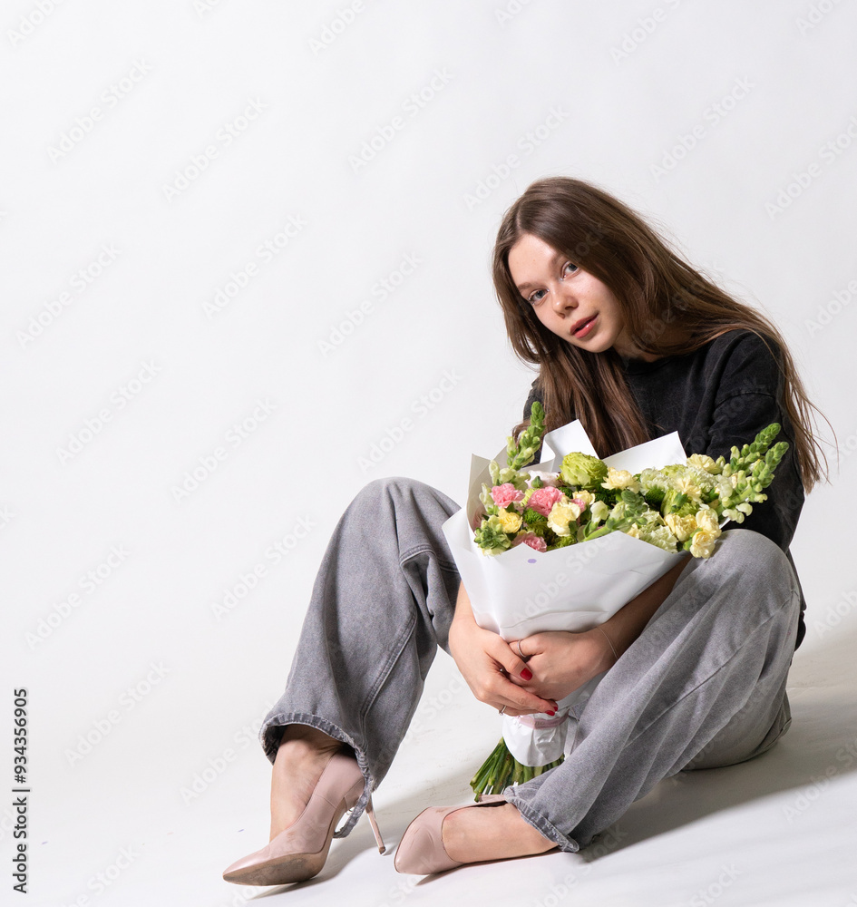 fashion female romantic beautiful white hair happy smile natural fresh bouquet jeans model day girl fashion female romantic beautiful white hair happy smile natural fresh bouquet jeans model day girl