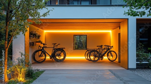 Contemporary garage with illuminated bicycles and modern design in evening light