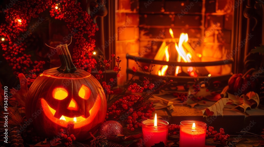 Smiling jack-o-lantern with glowing candlestick, surrounded by candles, and warm fireplace Smiling jack-o-lantern with glowing candlestick, surrounded by candles, and warm fireplace