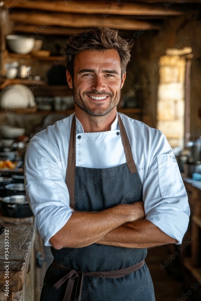 Fototapeta premium Smiling chef in an rustic kitchen preparing for a culinary experience