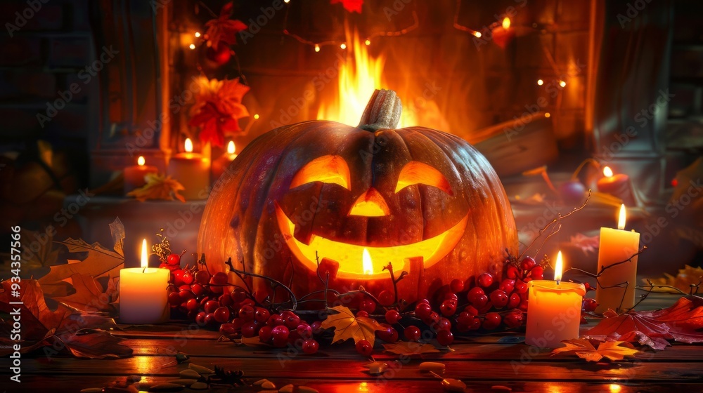 Smiling jack-o-lantern with glowing candlestick, surrounded by candles, and warm fireplace Smiling jack-o-lantern with glowing candlestick, surrounded by candles, and warm fireplace