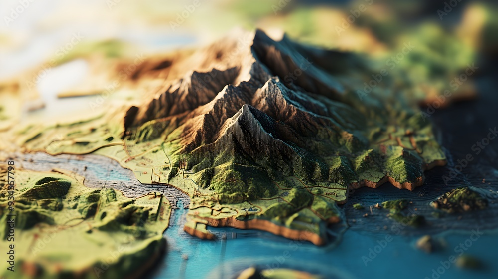 3D Topographic Map of Mountainous Terrain with Coastal Features 3D Topographic Map of Mountainous Terrain with Coastal Features