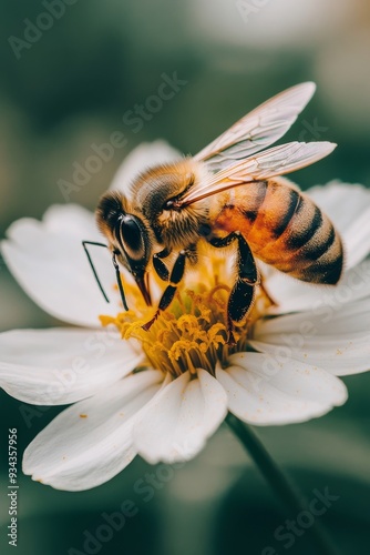 Bee collecting pollen from a flowering plant in a garden during spring