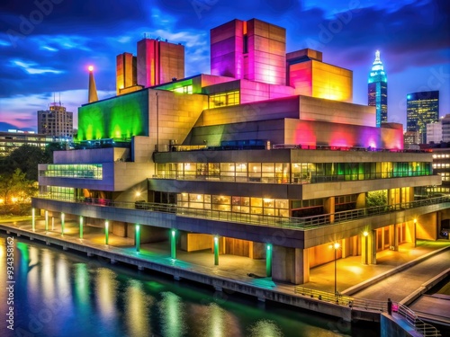 Vibrant National Theatre building on Southbank shines brightly at night, its modern architecture a beacon of culture amidst London's bustling urban cityscape.