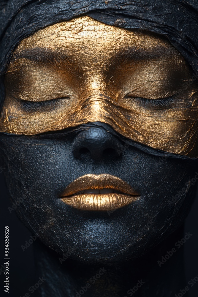 Woman with gold paint on her face, sale discount concept, creative portrait Woman with gold paint on her face, sale discount concept, creative portrait
