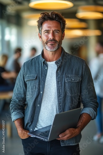 Professional man with laptop in a modern workspace during the afternoon