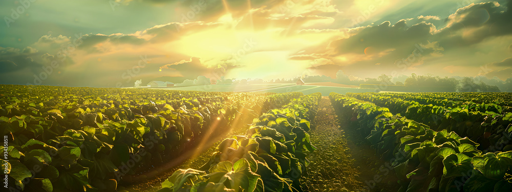 Obraz premium A green field of potato crops in rows. The concept of potato cultivation.