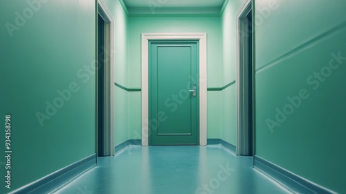 A long hallway with teal walls and a green door in an apartment building