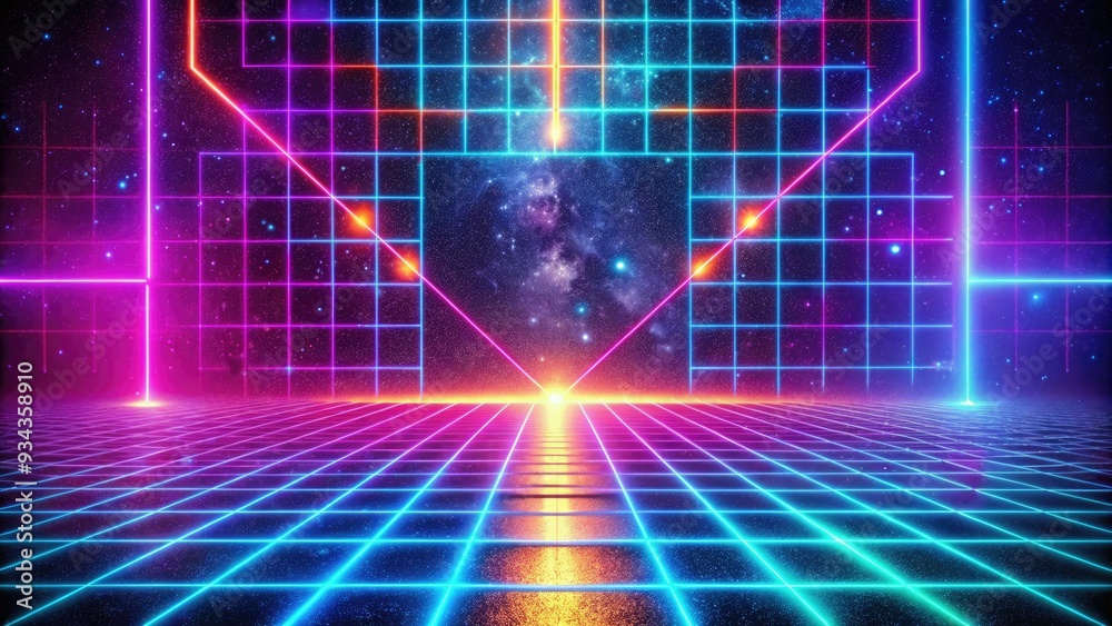 Vibrant neon lights illuminate a distressed retro grid pattern, evoking a nostalgic 80s vibe with its worn, pixelated texture and bold, geometric shapes. Vibrant neon lights illuminate a distressed retro grid pattern, evoking a nostalgic 80s vibe with its worn, pixelated texture and bold, geometric shapes.