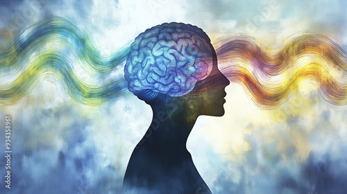Human head silhouette with colorful brain waves flowing out, representing mental health and creativity