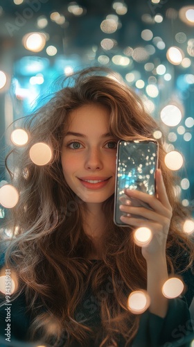 Young woman smiling and holding smartphone with bright bokeh lights in backgr...